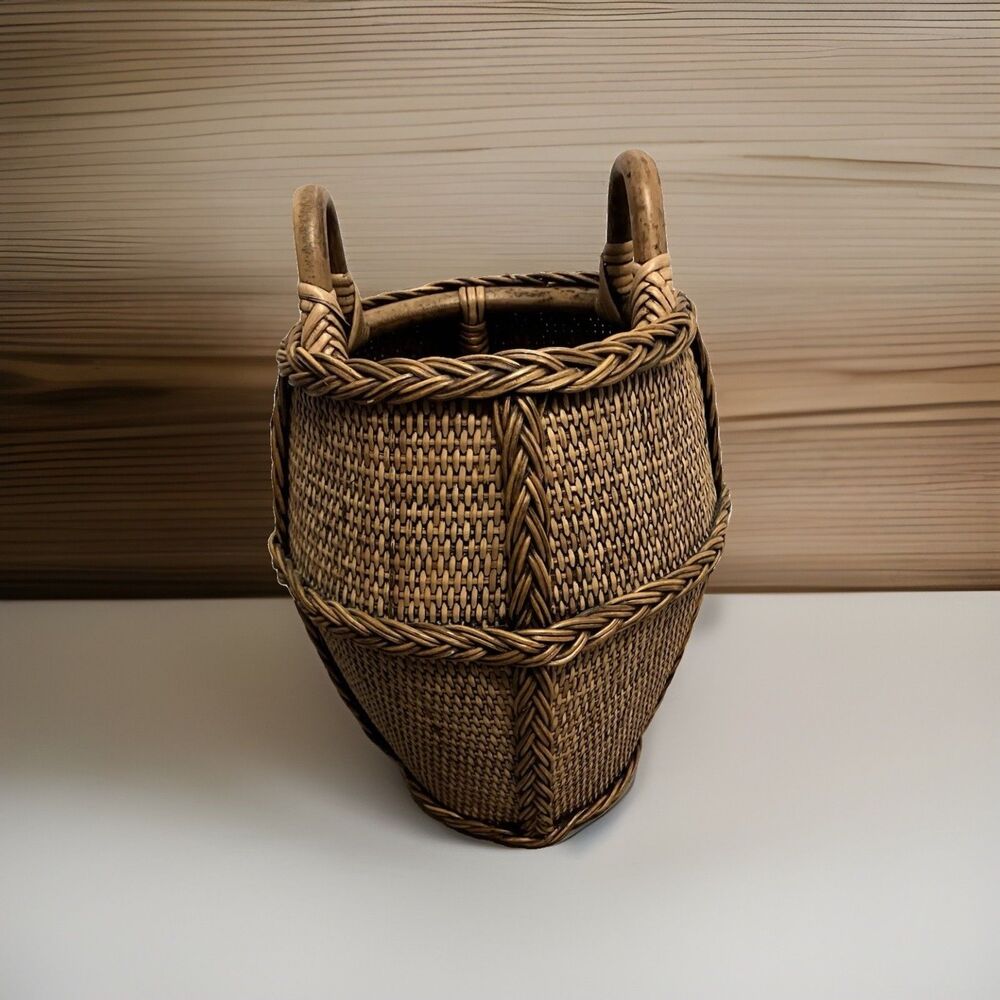 Woven Rattan & Bamboo Harvesting Gathering Basket 16”  Handles Vintage Style